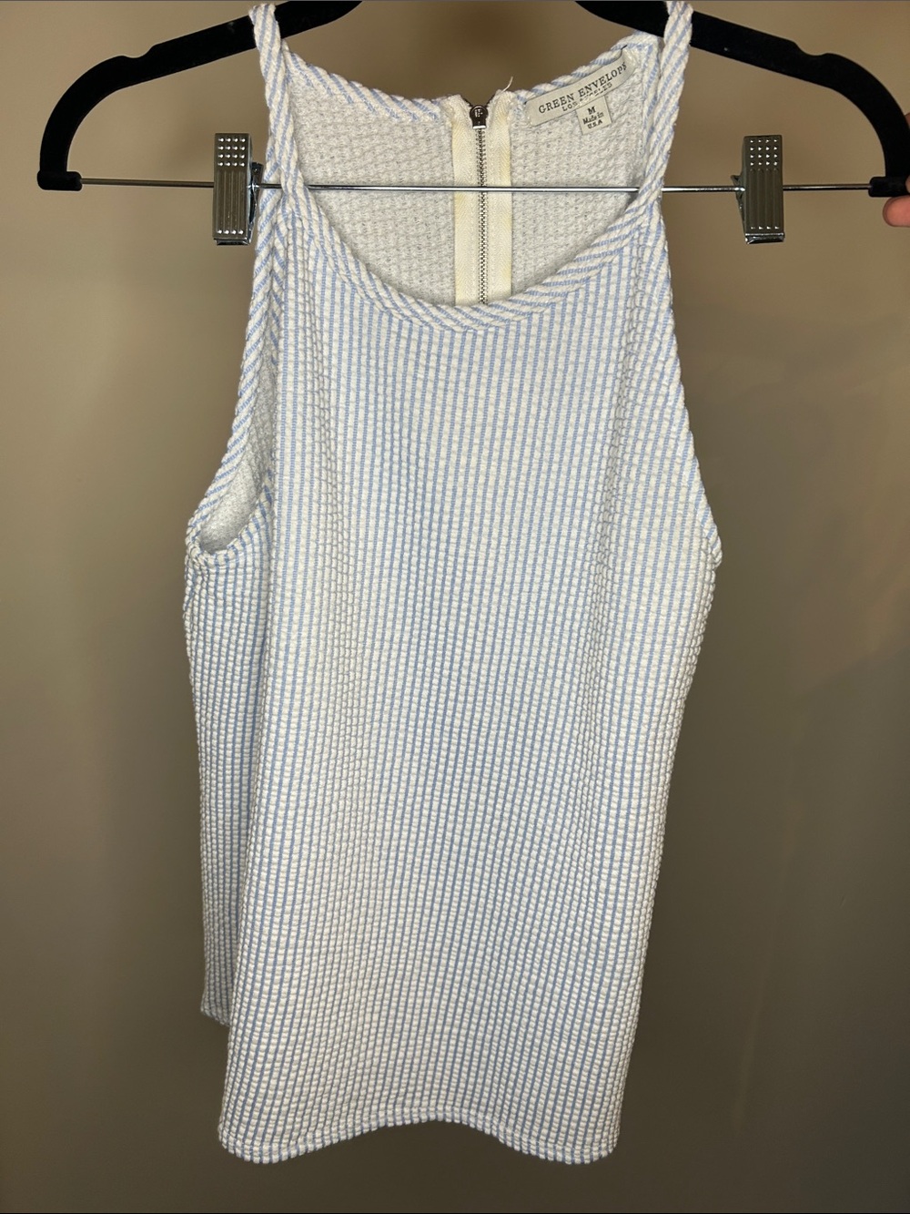 Green Envelope Blue and White Striped Seersucker Tank Top
